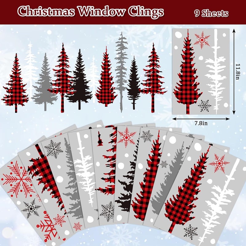 Whaline 9 Sheet Christmas Window Clings Red Black Gray Xmas Trees Snowflake Window Decal Reusable Anti-Collision Windows Decor for Winter Home School Office Party Supplies - Image 5